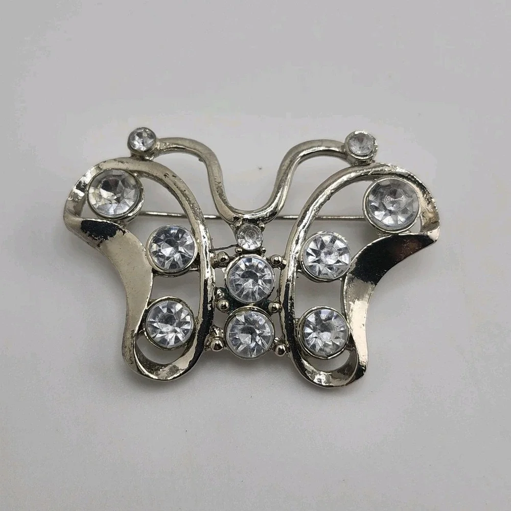 Vintage Silver w/ Crystals Butterfly Brooch Pin‎